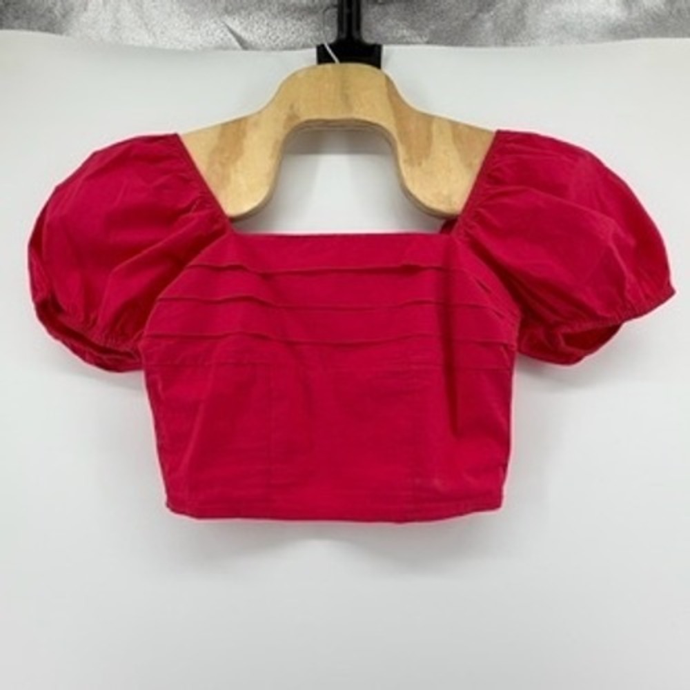 Sim & Sam Womens Pink Flame Pleated Puff Sleeve Smocked Crop Top 52312BL M NEW - Picture 2 of 8